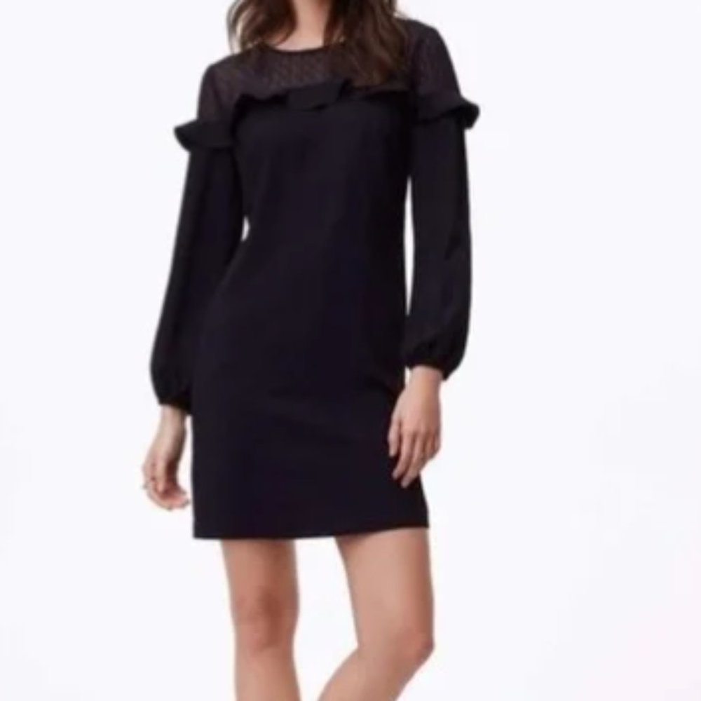 LOFT Black Long Sleeve Ruffle Dress Polka Dot Mesh Detail